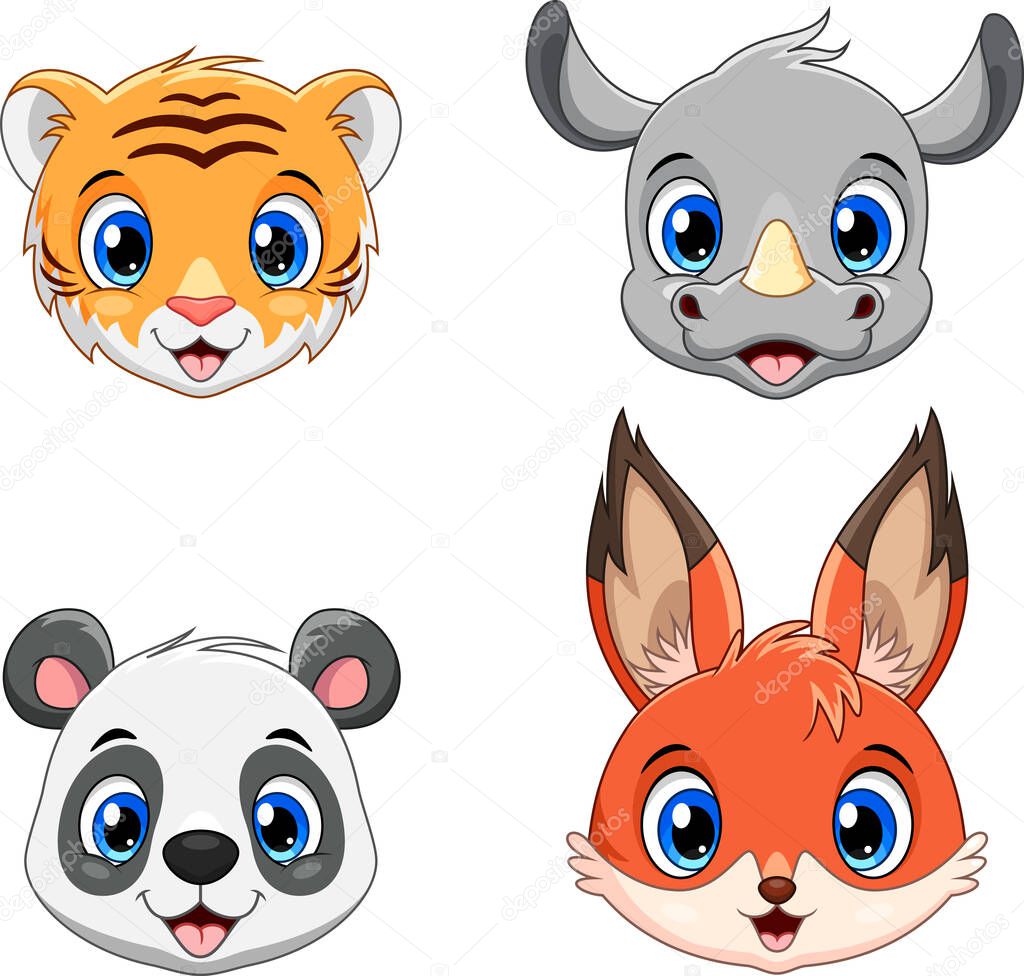 Cute animal face collection set. Tiger, Rhino, Panda and Fox