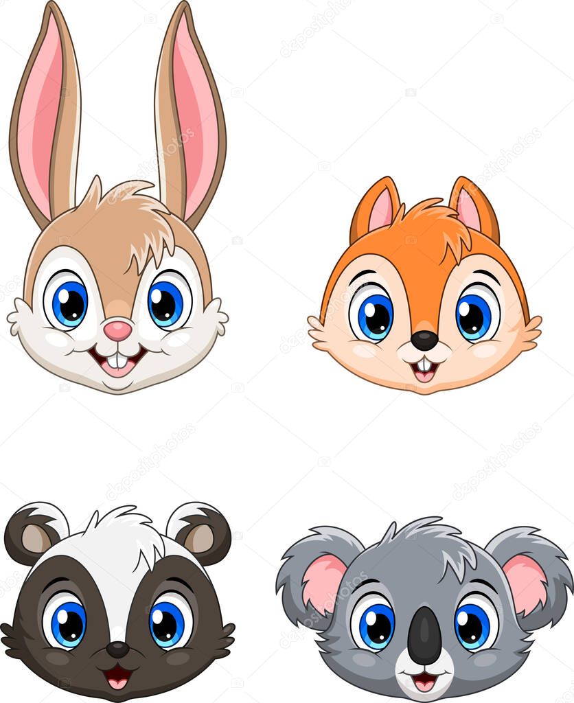 Cute animal face collection set. Rabbit, Squirrel, Skunk and Koala