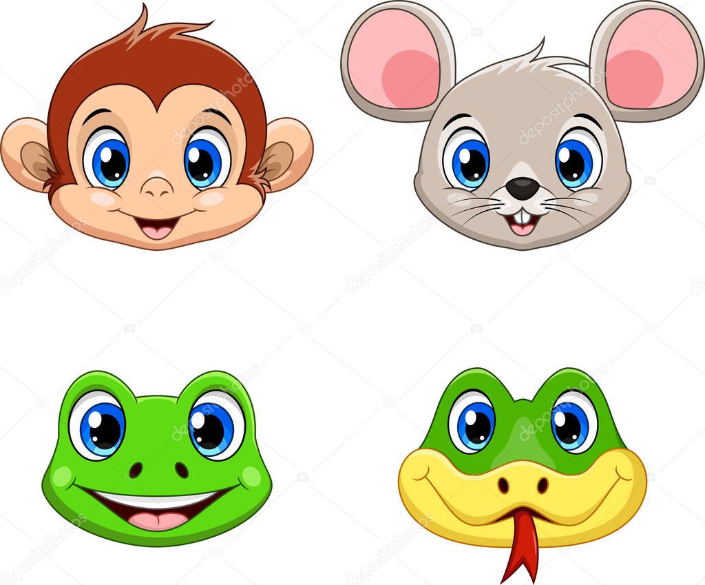 Cute animal face collection set . Monkey, Mouse, Frog and Snake