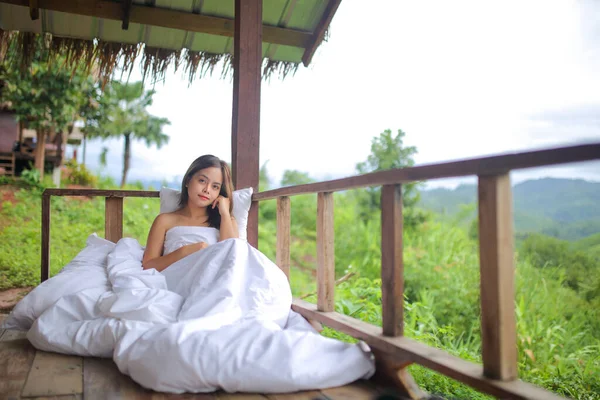 Asian Woman Covering White Blanket View Nature Mountains Green Jungle Royalty Free Stock Photos