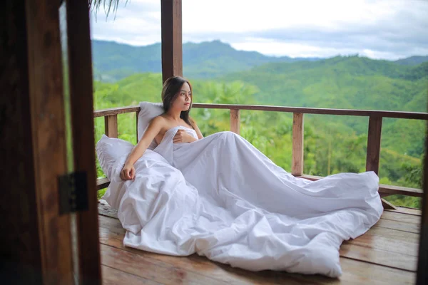 Asian Woman Covering White Blanket View Nature Mountains Green Jungle Stock Photo