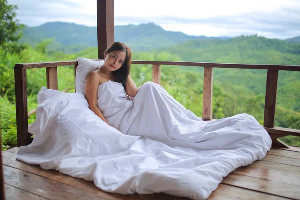 Asian Woman Covering White Blanket View Nature Mountains Green Jungle Stock Image