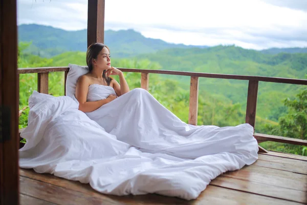 Asian Woman Covering White Blanket View Nature Mountains Green Jungle Royalty Free Stock Photos
