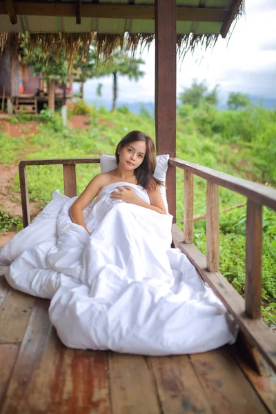 Asian Woman Covering White Blanket View Nature Mountains Green Jungle Stock Image