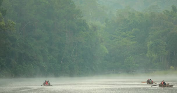 2021年12月19日 朝に湖に浮かぶ霧の中を木や自然環境の風景でラフティングする竹の観光客 — ストック動画