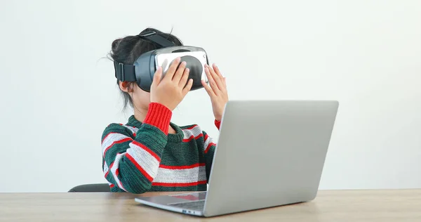 Little Girl Wearing Sitting Desk Home Glasses Virtual Global Internet — ストック写真