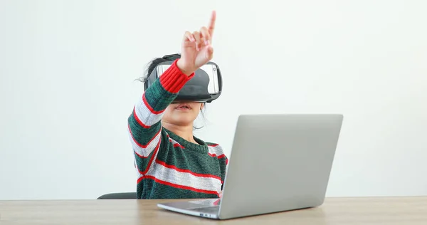 Little Girl Wearing Sitting Desk Home Glasses Virtual Global Internet — Stockfoto