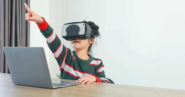 Little Girl Wearing Sitting Desk Home Glasses Virtual Global Internet — Fotografia de Stock