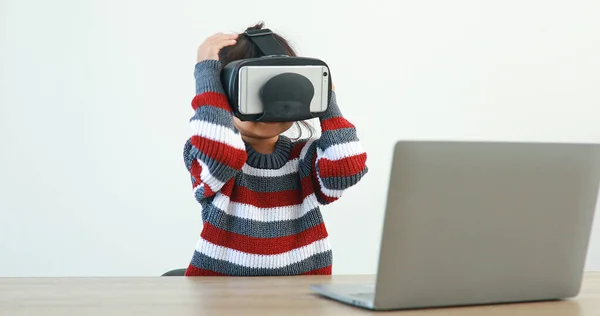 Little Girl Wearing Sitting Desk Home Glasses Virtual Global Internet — Fotografia de Stock