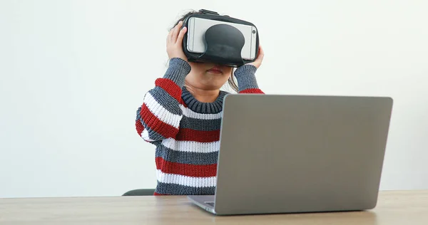 Little Girl Wearing Sitting Desk Home Glasses Virtual Global Internet — ストック写真