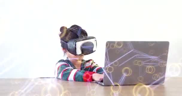 Little Girl Wearing Sitting Desk Home Glasses Virtual Global Internet — Wideo stockowe