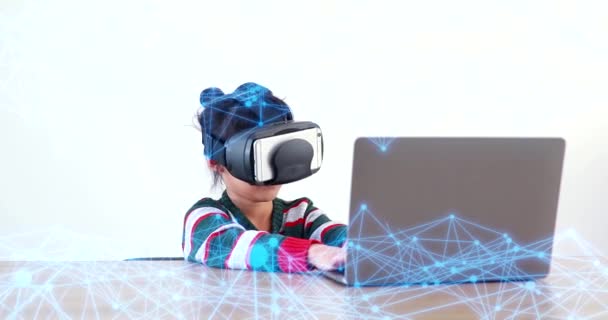 Little Girl Wearing Sitting Desk Home Glasses Virtual Global Internet — Stock videók