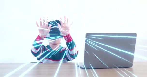 Menina Vestindo Sentado Mesa Nos Óculos Casa Virtual Metaverse Conexão — Vídeo de Stock