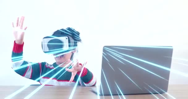 Little Girl Wearing Sitting Desk Home Glasses Virtual Global Internet — Wideo stockowe