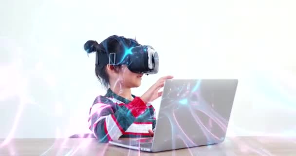 Menina Vestindo Sentado Mesa Nos Óculos Casa Virtual Metaverse Conexão — Vídeo de Stock