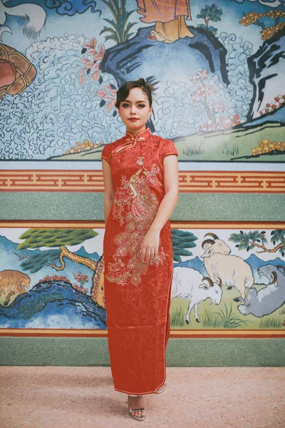 Όμορφη Ασιάτισσα Κινέζα Γυναίκα Φορώντας Cheongsam Παραδοσιακό Κόκκινο Φόρεμα Μόδα — Φωτογραφία Αρχείου