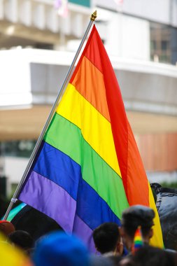 Gökkuşağı bayrağı Onur Ayı festivalini karşılıyor. Gökkuşağı gururu lezbiyen, gey, biseksüel, transseksüel ve LGBTQ gururunun sembolüdür. Haziran 'da LGBTQ sosyal hareketi.