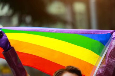 Gökkuşağı bayrağı Onur Ayı festivalini karşılıyor. Gökkuşağı gururu lezbiyen, gey, biseksüel, transseksüel ve LGBTQ gururunun sembolüdür. Haziran 'da LGBTQ sosyal hareketi.