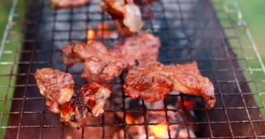 Baharatlı salamura sirke salamurası ve baharatlı et, yaz pikniği için açık havada odun ateşinde barbekü ızgarasında akşam yemeği için restoranın mutfağının önünde pişiriliyor.