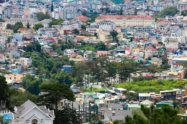 DA LAT CITY, VIETNAM - JULY 15,2022 : Landscape in the city of Da Lat city, Vietnam is a popular tourist destination. Tourist city in developed Vietnam.