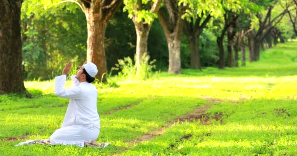 Religious Muslim Man Traditional Kandura Praying Outdoor Quiet Nature Environment — Stockvideo