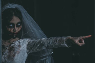 Asyalı bir kadının portresi hayalet gelin ölümü ve kan korkunç korku sahnesi arka plan, Cadılar Bayramı festivali konsepti