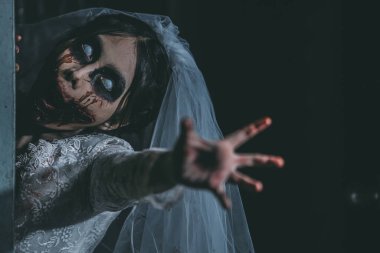 Asyalı bir kadının portresi hayalet gelin ölümü ve kan korkunç korku sahnesi arka plan, Cadılar Bayramı festivali konsepti