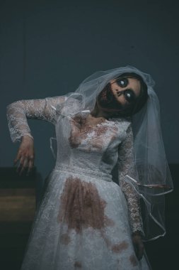 Asyalı bir kadının portresi hayalet gelin ölümü ve kan korkunç korku sahnesi arka plan, Cadılar Bayramı festivali konsepti