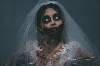 Asyalı bir kadının portresi hayalet gelin ölümü ve kan korkunç korku sahnesi arka plan, Cadılar Bayramı festivali konsepti
