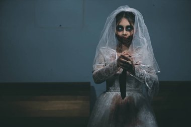 Asyalı bir kadının portresi hayalet gelin ölümü ve kan korkunç korku sahnesi arka plan, Cadılar Bayramı festivali konsepti