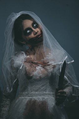 Asyalı bir kadının portresi hayalet gelin ölümü ve kan korkunç korku sahnesi arka plan, Cadılar Bayramı festivali konsepti