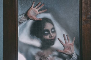 Asyalı bir kadının siluet portresi hayalet gelin ölümü ve kanı korku dolu arka plan korku sahnesi, Cadılar Bayramı festivali konsepti..