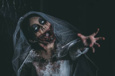 Asyalı bir kadının portresi hayalet gelin ölümü ve kan korkunç korku sahnesi arka plan, Cadılar Bayramı festivali konsepti