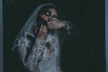 Asyalı bir kadının portresi hayalet gelin ölümü ve kan korkunç korku sahnesi arka plan, Cadılar Bayramı festivali konsepti