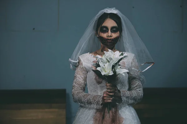 Retrato Mujer Asiática Maquillaje Fantasma Novia Muerte Sangre Horror Oscuridad — Foto de Stock