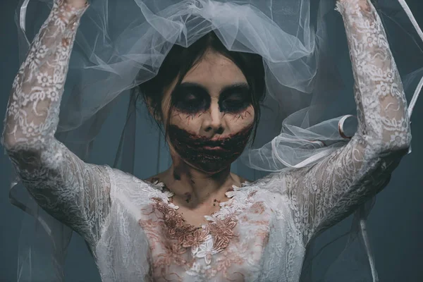 Retrato Mujer Asiática Maquillaje Fantasma Novia Muerte Sangre Horror Oscuridad — Foto de Stock