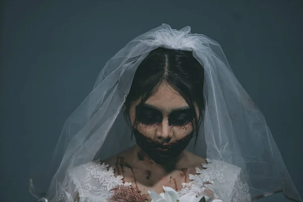 Portrét Asijské Ženy Tvoří Duch Nevěsta Smrt Krev Hrůza Tma — Stock fotografie
