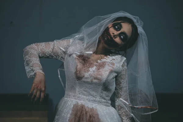 Retrato Ásia Mulher Compõem Fantasma Noiva Morte Sangue Horror Escuro — Fotografia de Stock