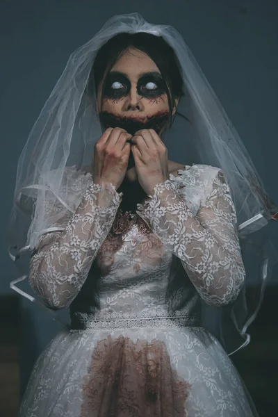Портрет Азиатской Женщины Составляют Призрак Невесты Смерти Крови Ужас Тьма — стоковое фото