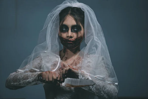 Retrato Mujer Asiática Maquillaje Fantasma Novia Muerte Sangre Horror Oscuridad — Foto de Stock