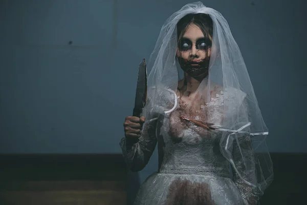 Retrato Mujer Asiática Maquillaje Fantasma Novia Muerte Sangre Horror Oscuridad — Foto de Stock