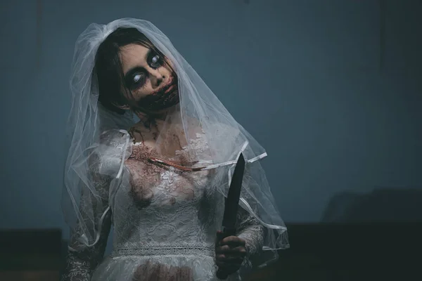 Retrato Mujer Asiática Maquillaje Fantasma Novia Muerte Sangre Horror Oscuridad — Foto de Stock