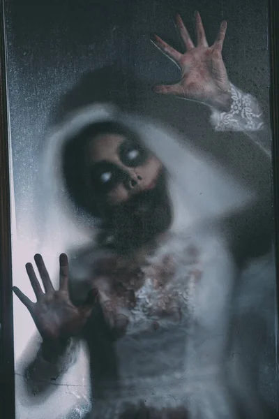 Portrait Silhouette Femme Asiatique Composent Fantôme Mariée Mort Sang Horreur — Photo