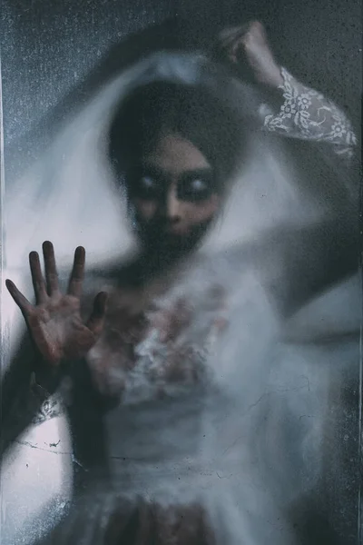 Portrait Silhouette Femme Asiatique Composent Fantôme Mariée Mort Sang Horreur — Photo