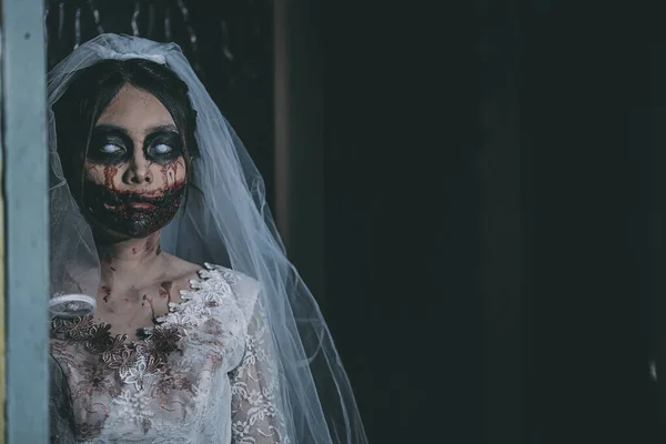 Retrato Mujer Asiática Maquillaje Fantasma Novia Muerte Sangre Horror Oscuridad — Foto de Stock