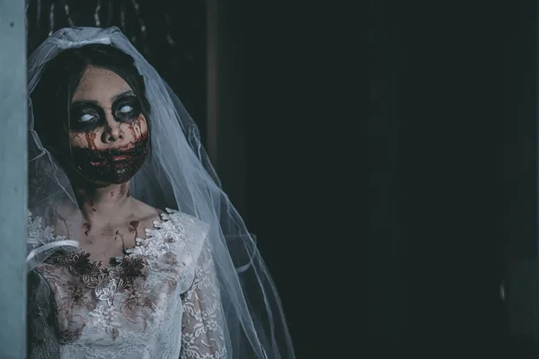 Портрет Азиатской Женщины Составляют Призрак Невесты Смерти Крови Ужас Тьма — стоковое фото
