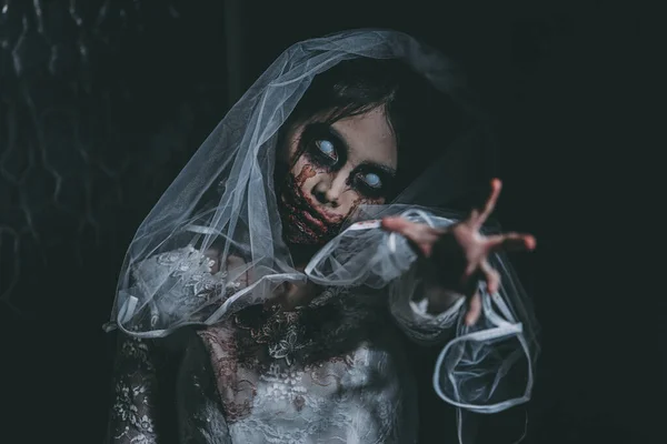 Portrait Asian Woman Make Ghost Bride Death Blood Horror Darkness — Stock Photo, Image