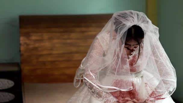 Πορτρέτο Της Ασιάτισσας Γυναίκας Συνθέτουν Φάντασμα Νύφη Θάνατο Και Αίμα — Αρχείο Βίντεο
