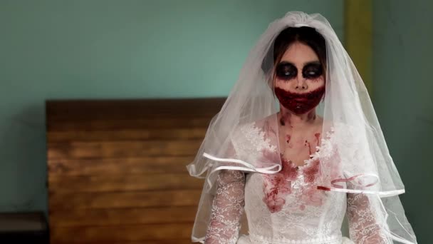 Portré Ázsiai Alkotják Szellem Menyasszony Halál Vér Horror Sötétség Ijesztő — Stock videók