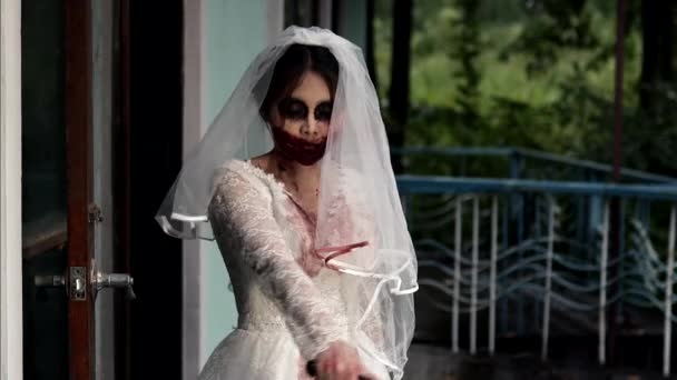 Портрет Азиатской Женщины Составляют Призрак Невесты Смерти Крови Ужас Тьма — стоковое видео